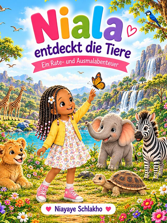 Buchcover „Niala entdeckt die Tiere: Ein Rate- und Ausmalabenteuer“: Niala mit Löwe, Elefant, Zebra und Schildkröte