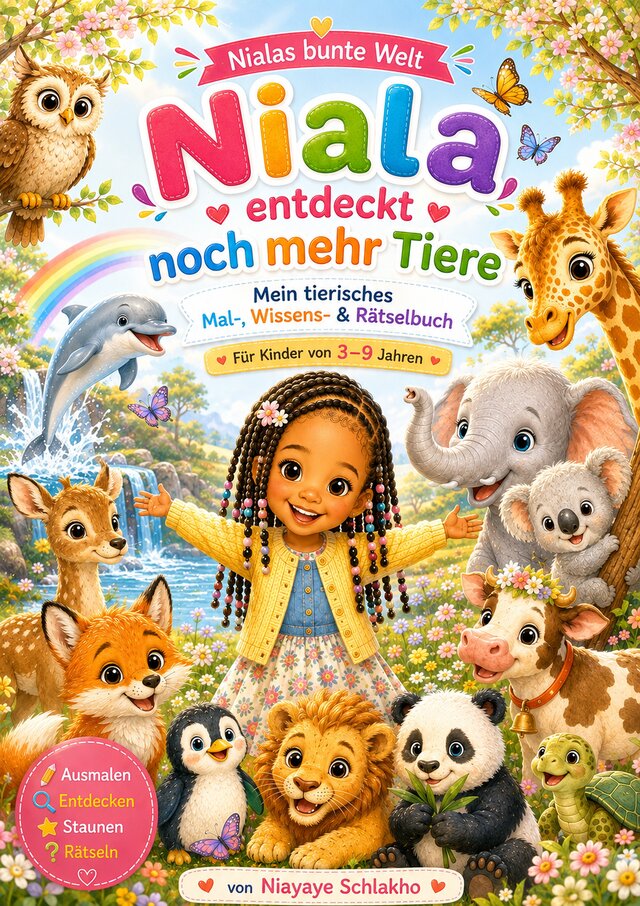 Buchcover „Niala entdeckt noch mehr Tiere“: Niala mit Eule, Giraffe, Elefant, Panda, Löwe und vielen weiteren Tieren