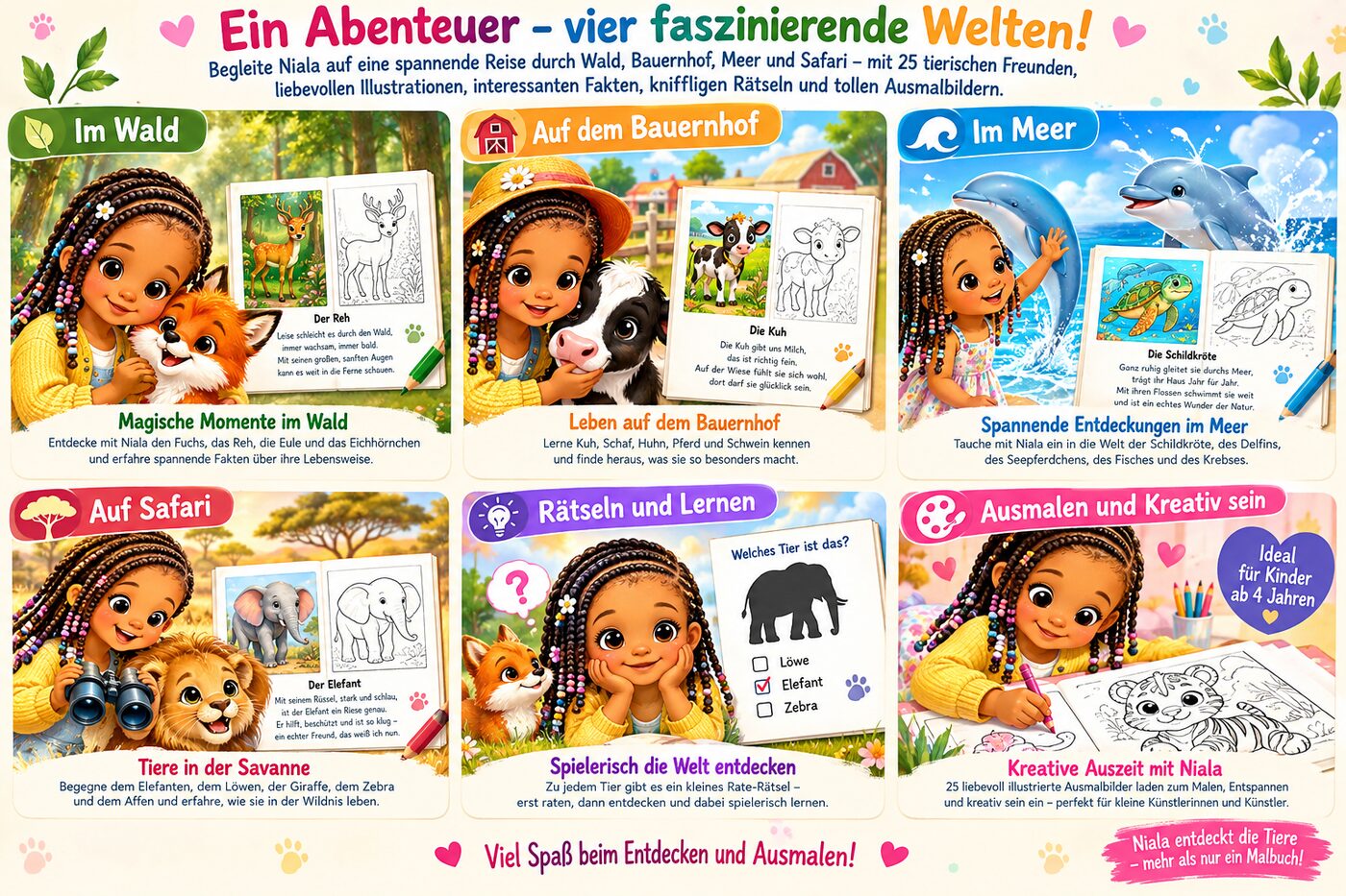 Übersicht der vier Welten im Buch: Im Wald, auf dem Bauernhof, im Meer, auf Safari, dazu Rätseln und Ausmalen